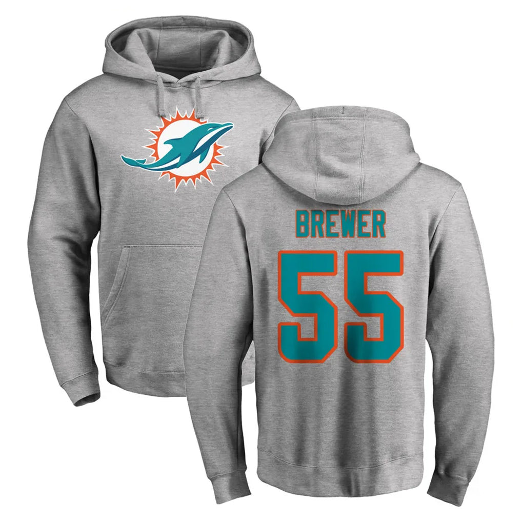 Tocy M.Dolphins #55 Aaron Brewer Player Gray LOGO Pullover Hoodies Limited Stitched Jerseys