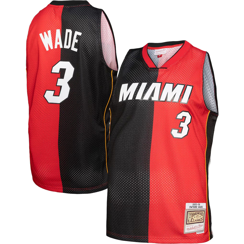 tocy M.Heat #3 Dwayne Wade Mitchell & Ness Black Red Big & Tall Hardwood Classics 2005-06 Split Swingman Jerseys