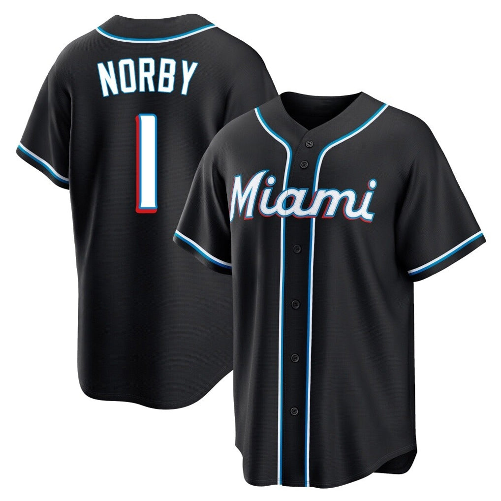 tocy M.Marlins #1 Connor Norby Player Black Fashion Out Home Game Stitched Jerseys