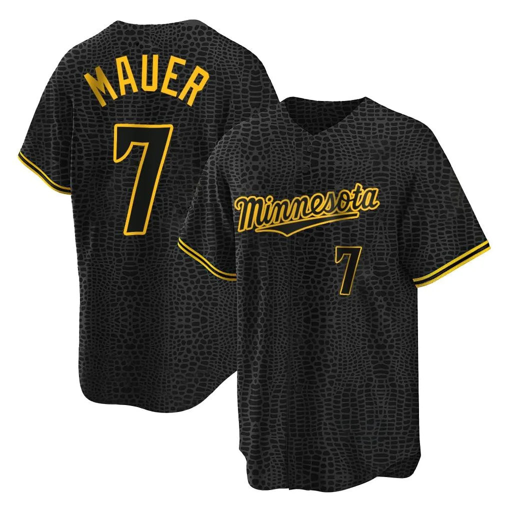 tocy M.Twins #7 Joe Mauer Player Black Snake Skin City Home Game Stitched Jerseys