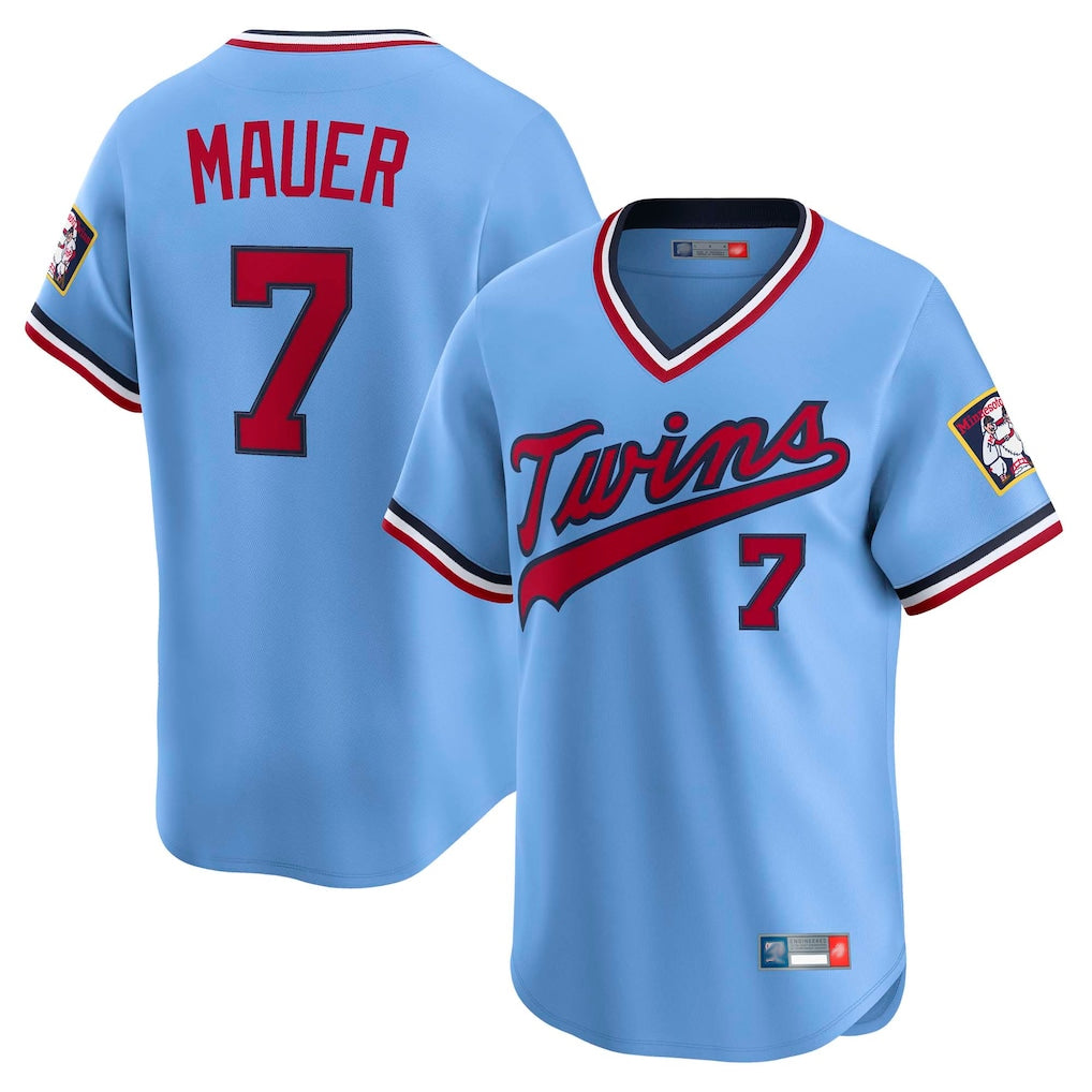 tocy M.Twins #7 Joe Mauer Player Light Blue Throwback Cooperstown Collection Limited T-shirt Stitched Jerseys