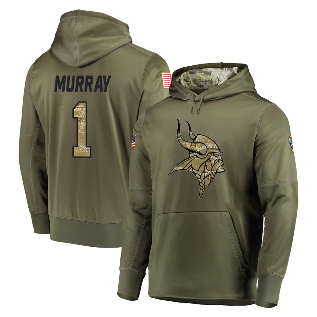 Tocy MN.Vikings #1 Kyler Murray Player Olive Salute to Service Pullover Hoodies Home Game Stitched Jerseys