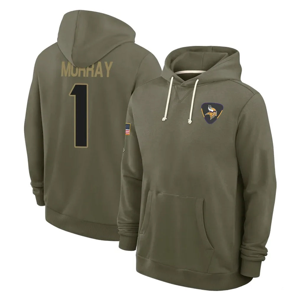 Tocy MN.Vikings #1 Kyler Murray Player Olive Salute to Service Pullover Hoodies Limited Stitched Jerseys