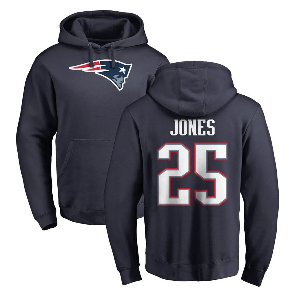 Tocy NE.Patriots #25 Marcus Jones Player Navy LOGO Pullover Hoodies Home Game Stitched Jerseys