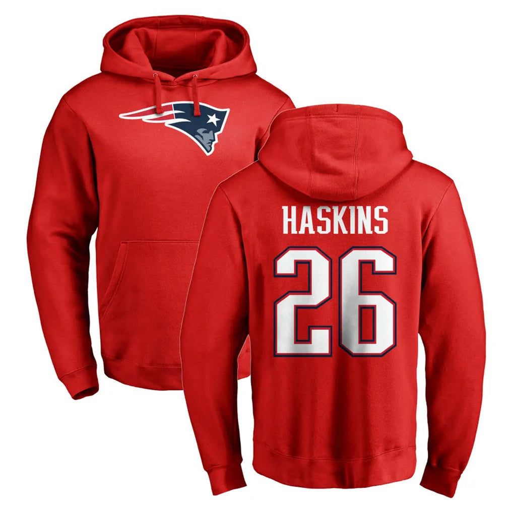 Tocy NE.Patriots #26 Hassan Haskins Player Red LOGO Pullover Hoodies Home Game Stitched Jerseys