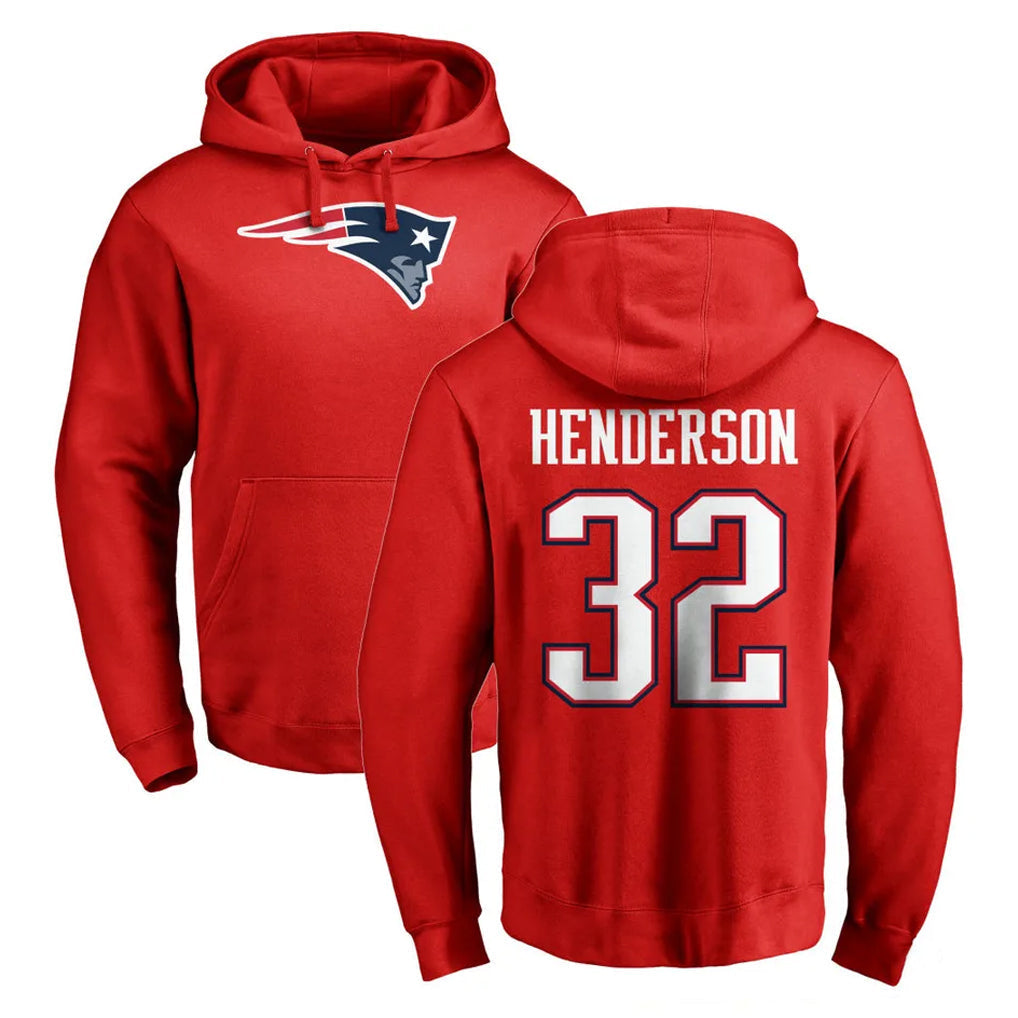 Tocy NE.Patriots #32 TreVeyon Henderson Player Red LOGO Pullover Hoodies Home Game Stitched Jerseys