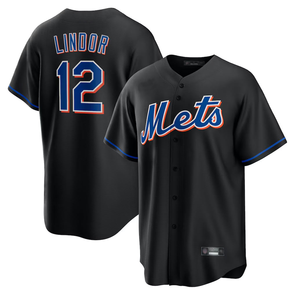 tocy NY.Mets #12 Francisco Lindor Player Black Replica Home Game Stitched Jerseys