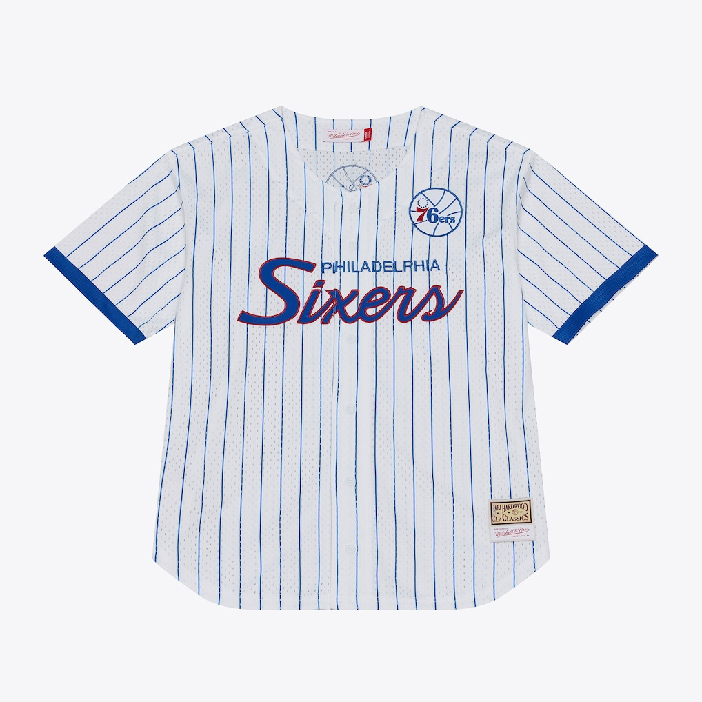tocy P.76ers Mitchell & Ness White Head Coach Pinstripe Mesh Full-Button Baseball Jerseys
