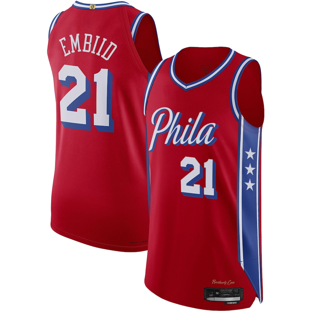 tocy P.76ers #21 Joel Embiid Jordan Brand Red Authentic Player Jerseys - Statement Edition
