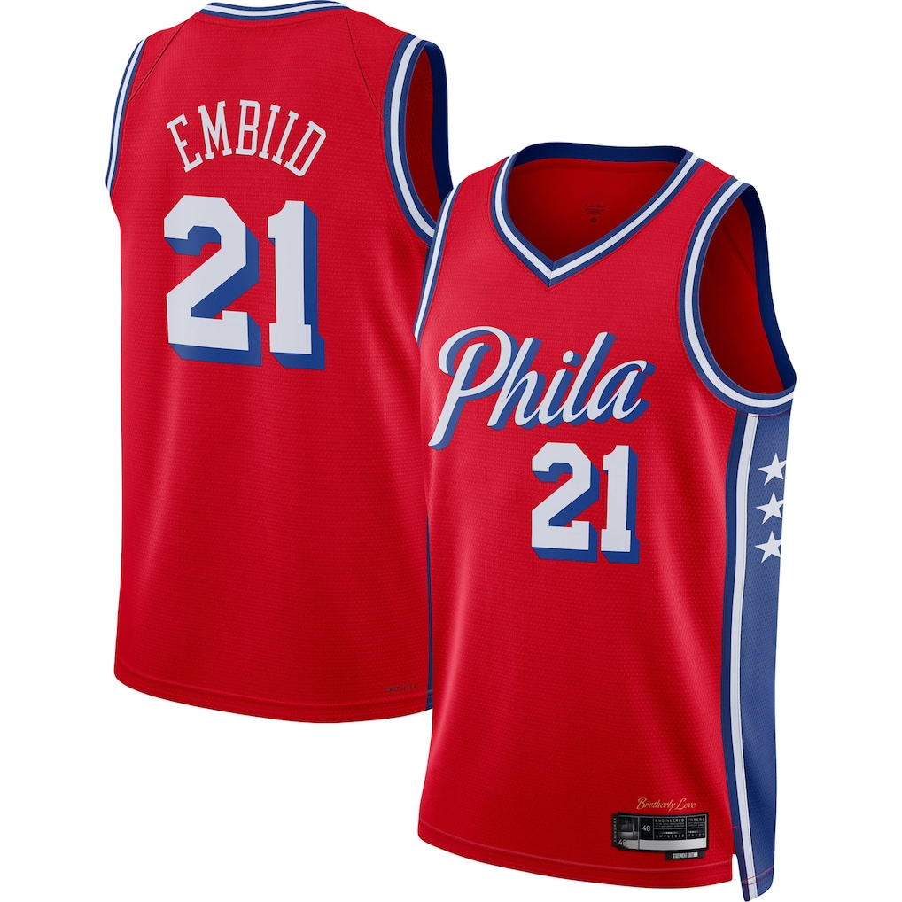 tocy P.76ers #21 Joel Embiid Jordan Brand Red Swingman Jerseys - Statement Edition