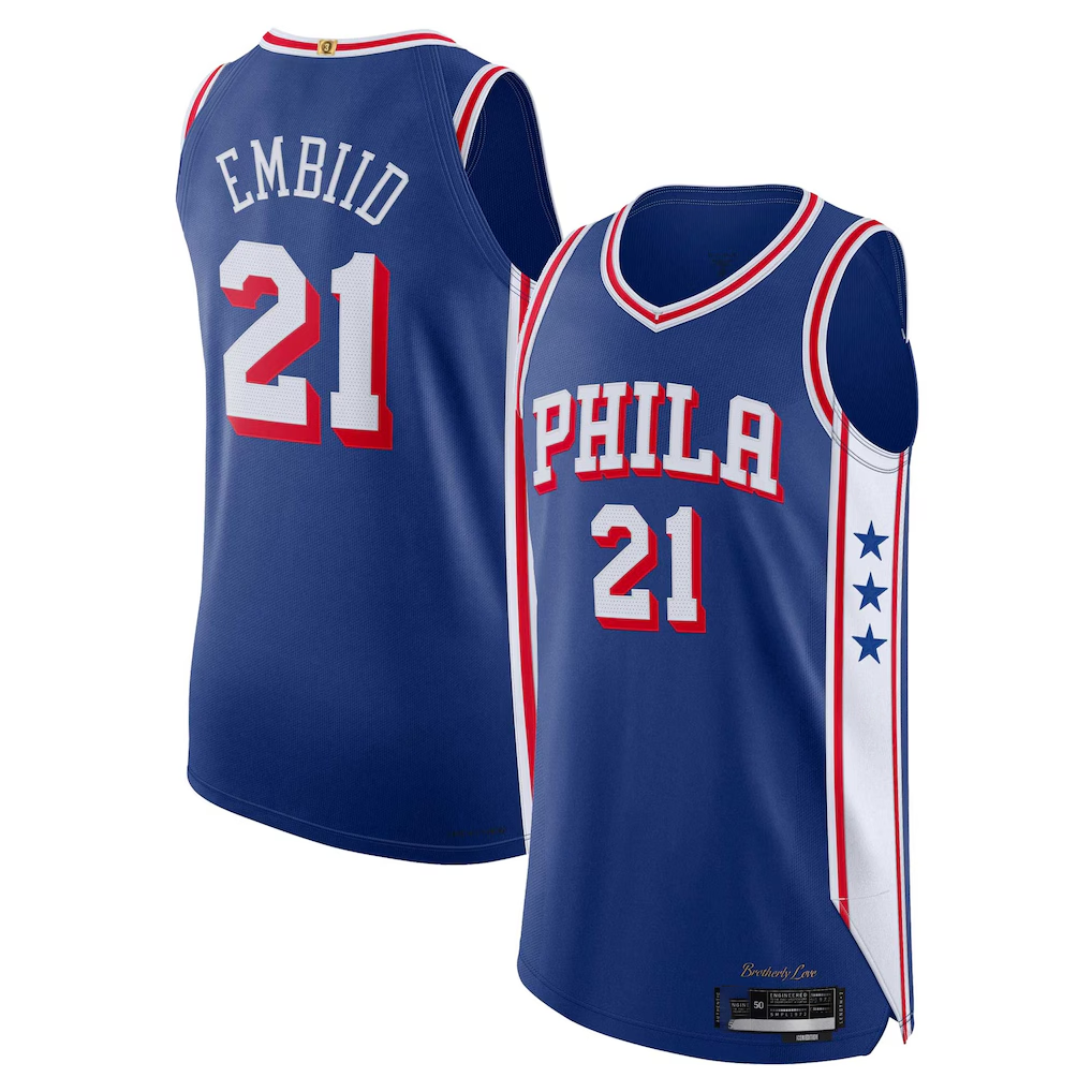 tocy P.76ers #21 Joel Embiid Royal Authentic Jerseys - Icon Edition
