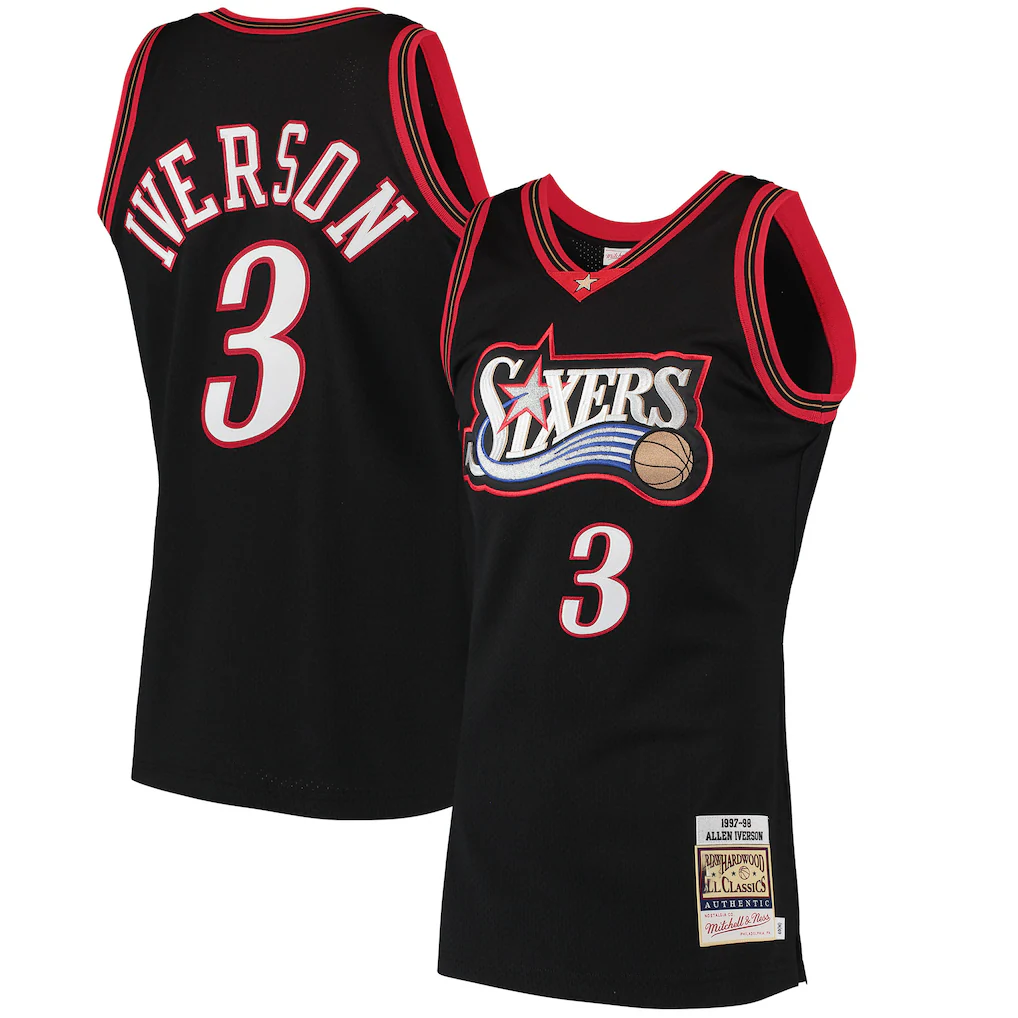 tocy P.76ers #3 Allen Iverson Mitchell & Ness Black 1997-98 Hardwood Classics Authentic Jerseys
