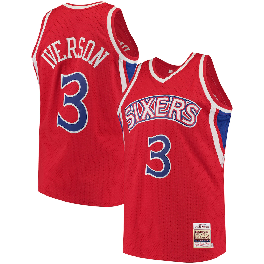 tocy P.76ers #3 Allen Iverson Mitchell & Ness Red 199697 Hardwood Classics Authentic Jerseys