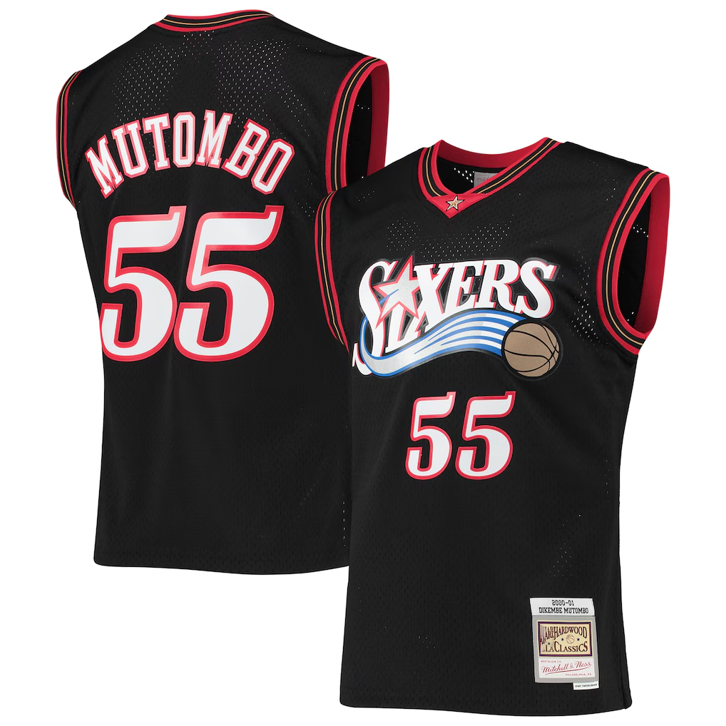 tocy P.76ers #55 Dikembe Mutombo Mitchell & Ness Black Hardwood Classics Swingman Jerseys