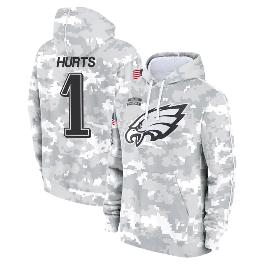 tocy P.Eagles #1 Jalen Hurts Player Military Hoodie Arctic Camo Salute To Service Stitched Jerseys