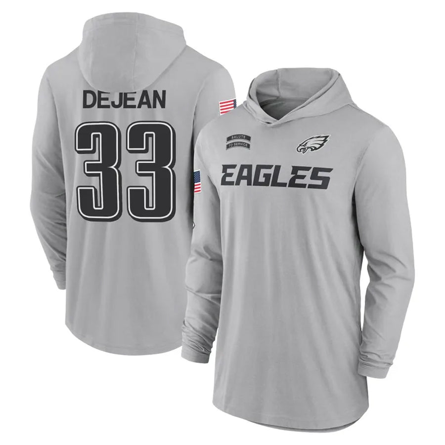 tocy P.Eagles #33 Cooper DeJean Player Military Hoodie Gray Salute To Service Stitched Jerseys