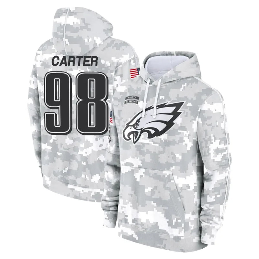 tocy P.Eagles #98 Jalen Carter Player Military Hoodie Arctic Camo Salute To Service Stitched Jerseys