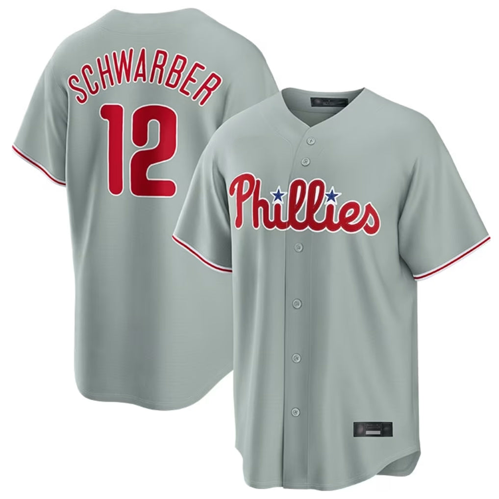 tocy P.Phillies #12 Kyle Schwarber Player Gray Home Game Stitched Jerseys