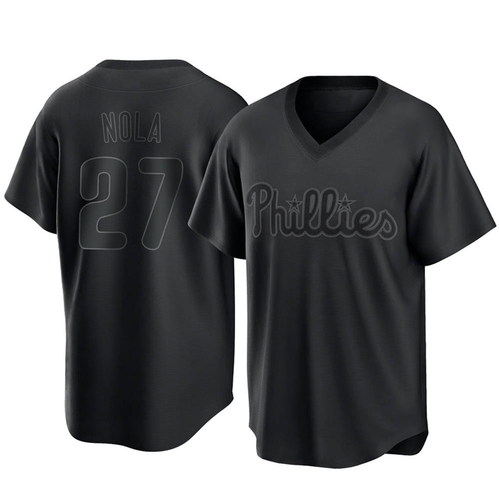 tocy P.Phillies #27 Aaron Nola Player Black Pitch Fashion Limited T-shirt Stitched Jerseys