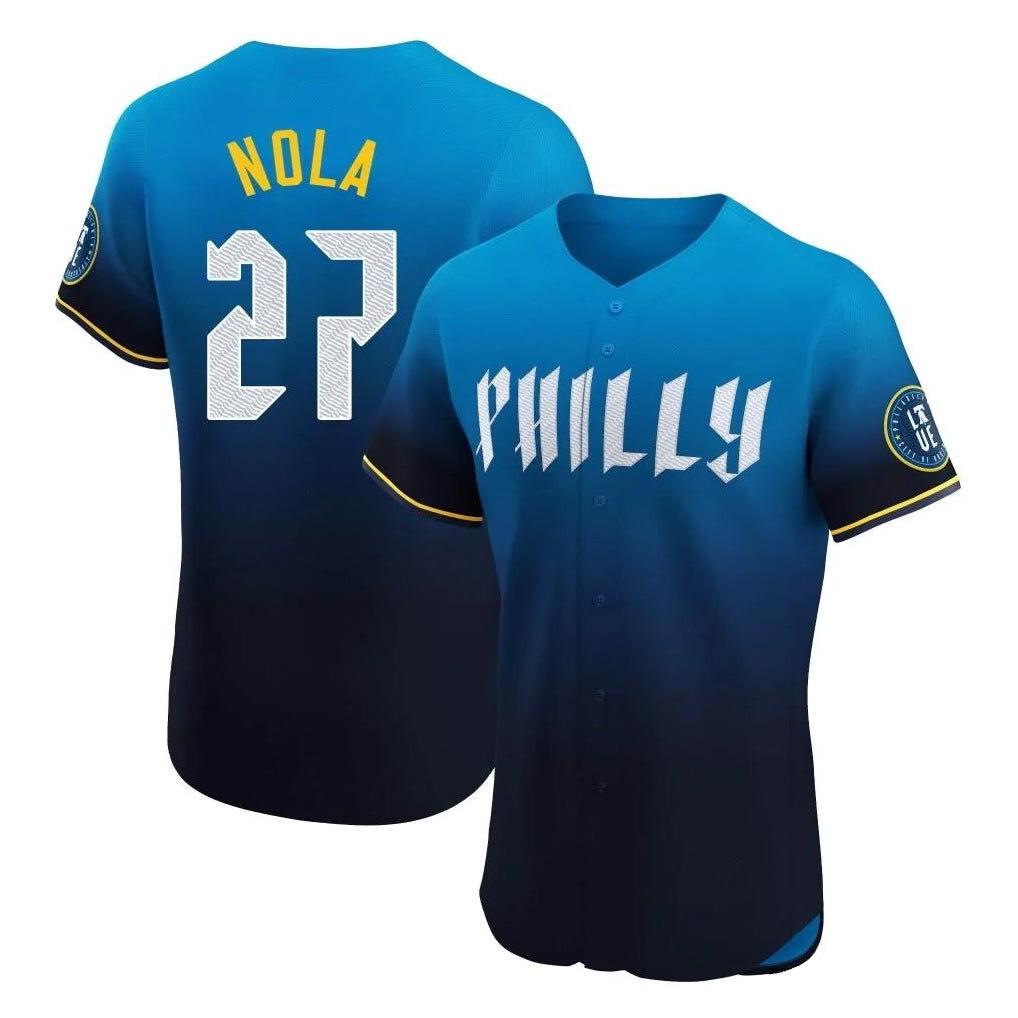 tocy P.Phillies #27 Aaron Nola Player Blue City Connect Home Limited Elite Stitched Jerseys