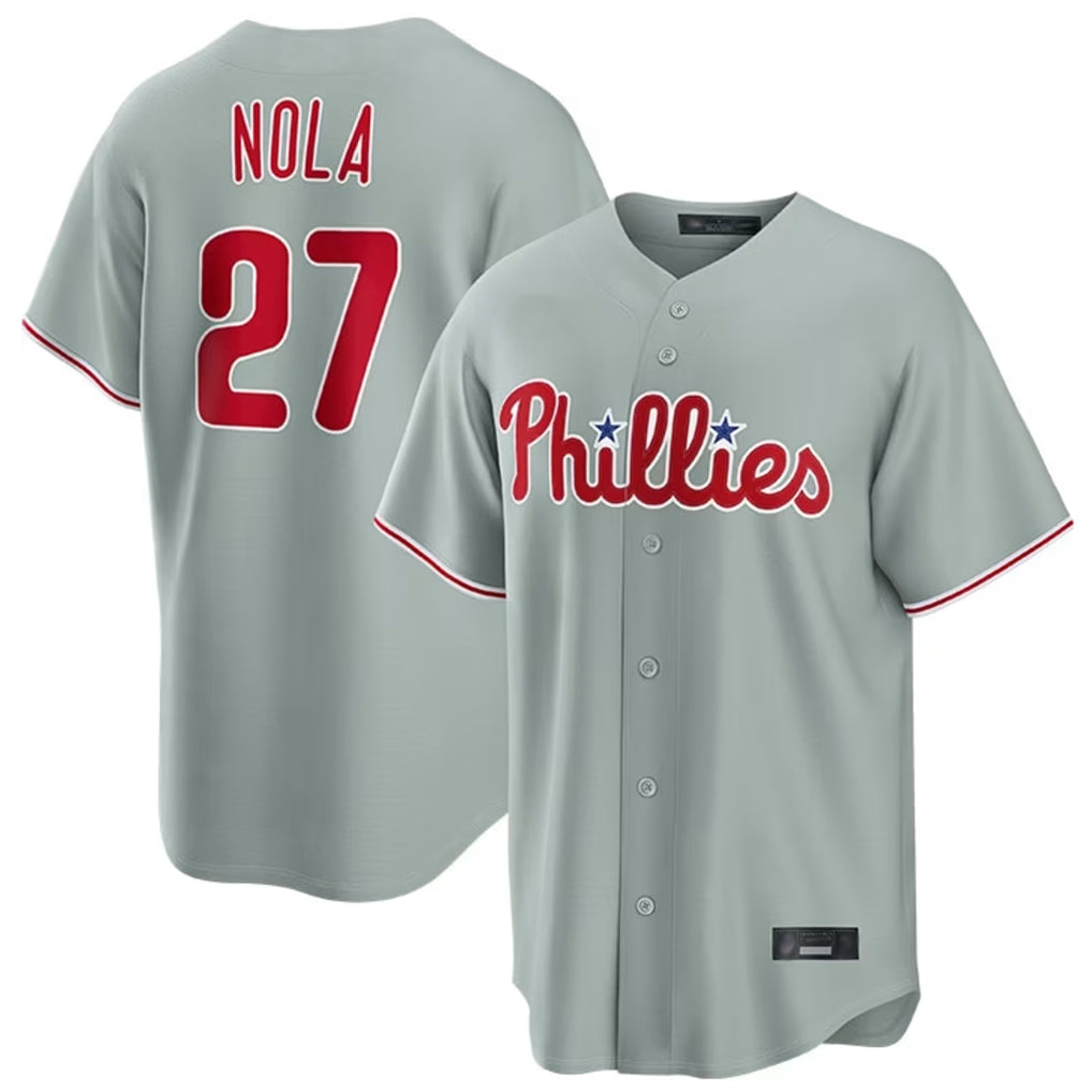 tocy P.Phillies #27 Aaron Nola Player Gray Home Game Stitched Jerseys