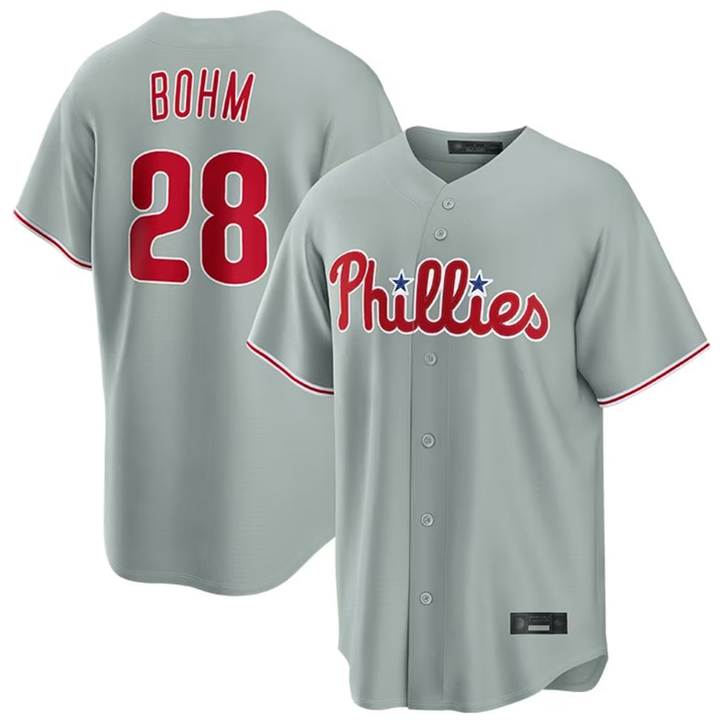 tocy P.Phillies #28 Alec Bohm Player Gray Home Game Stitched Jerseys