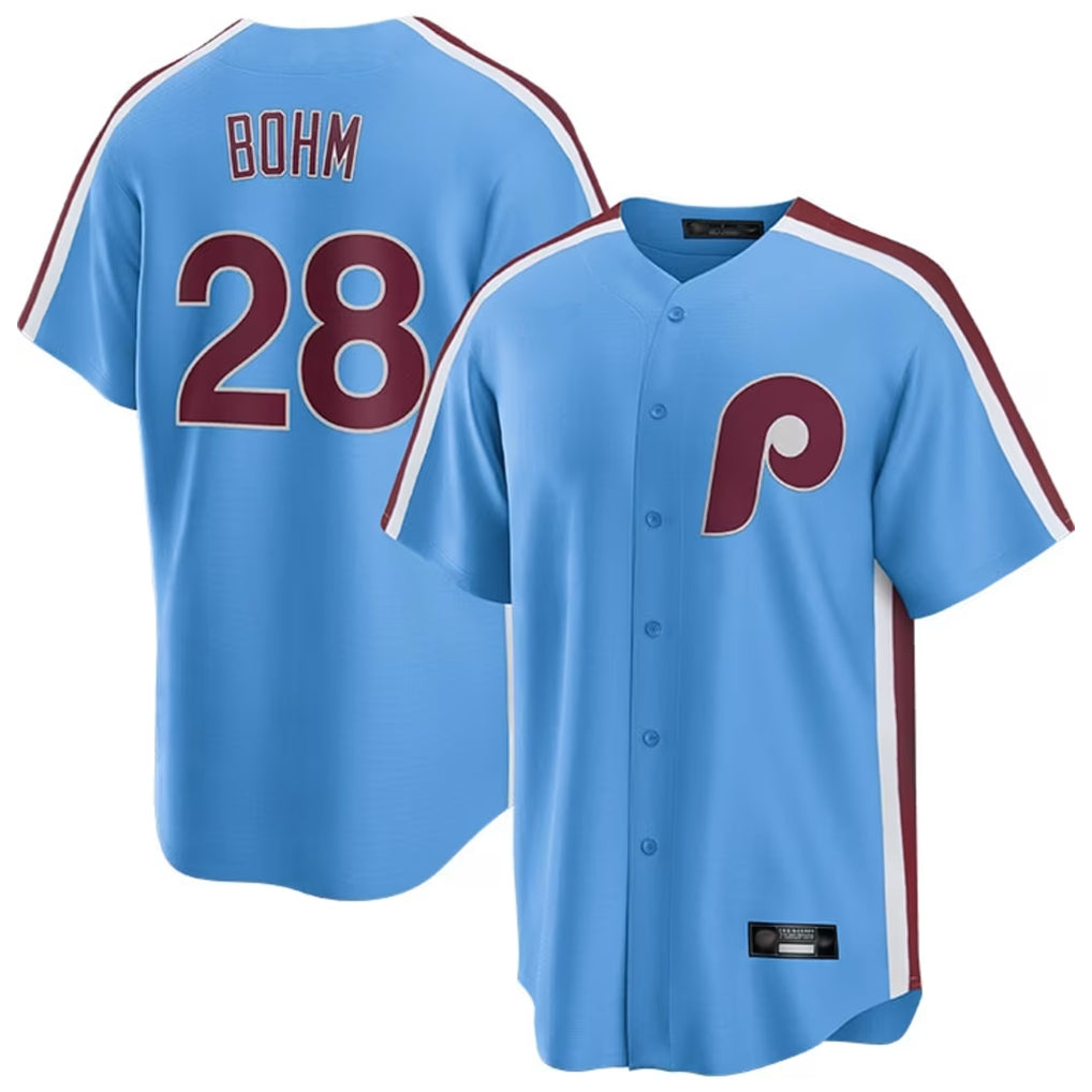 tocy P.Phillies #28 Alec Bohm Player Light Blue Home Game Stitched Jerseys