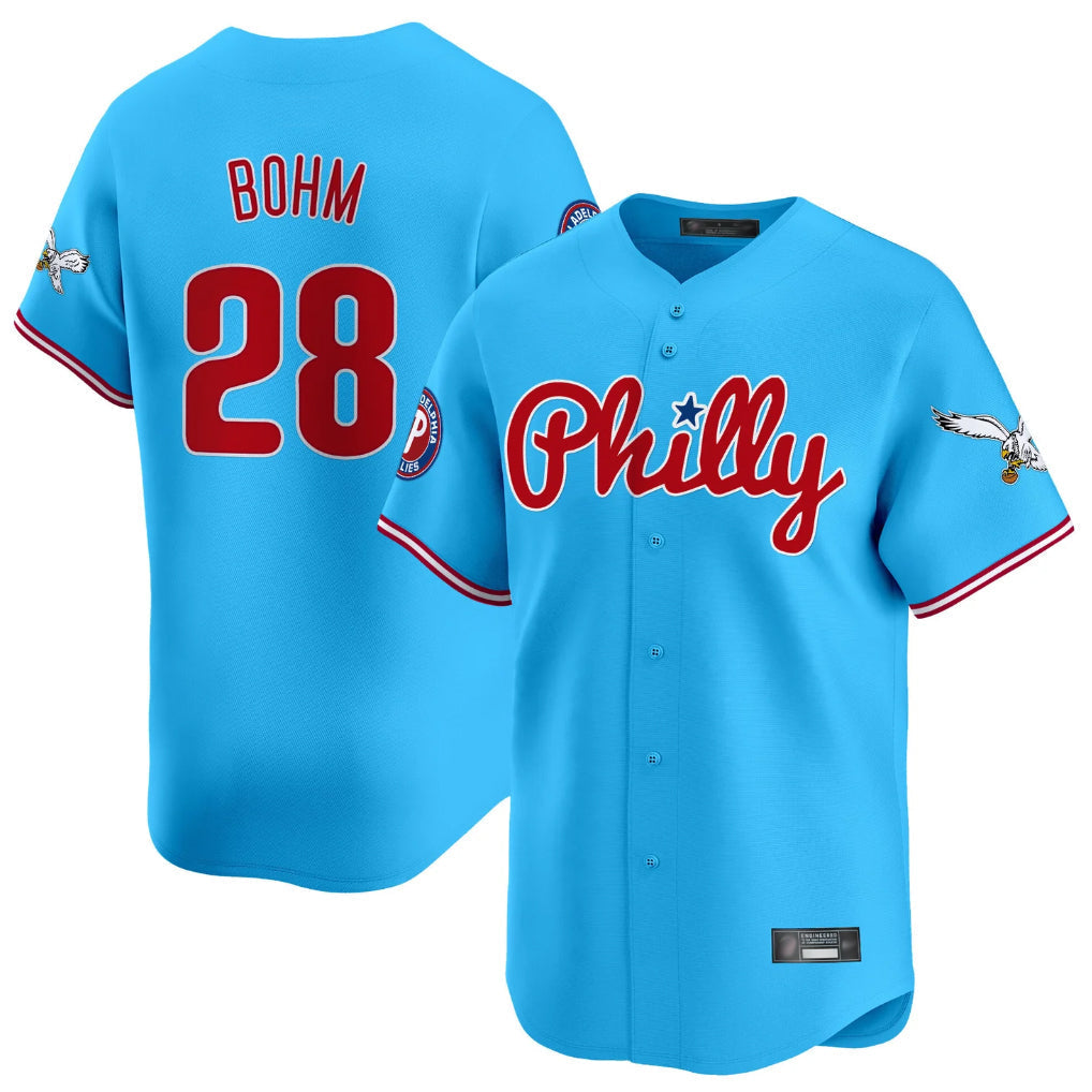tocy P.Phillies #28 Alec Bohm Player Light Blue Phillies & Eagles Vapor Premier Limited Home Stitched Jerseys