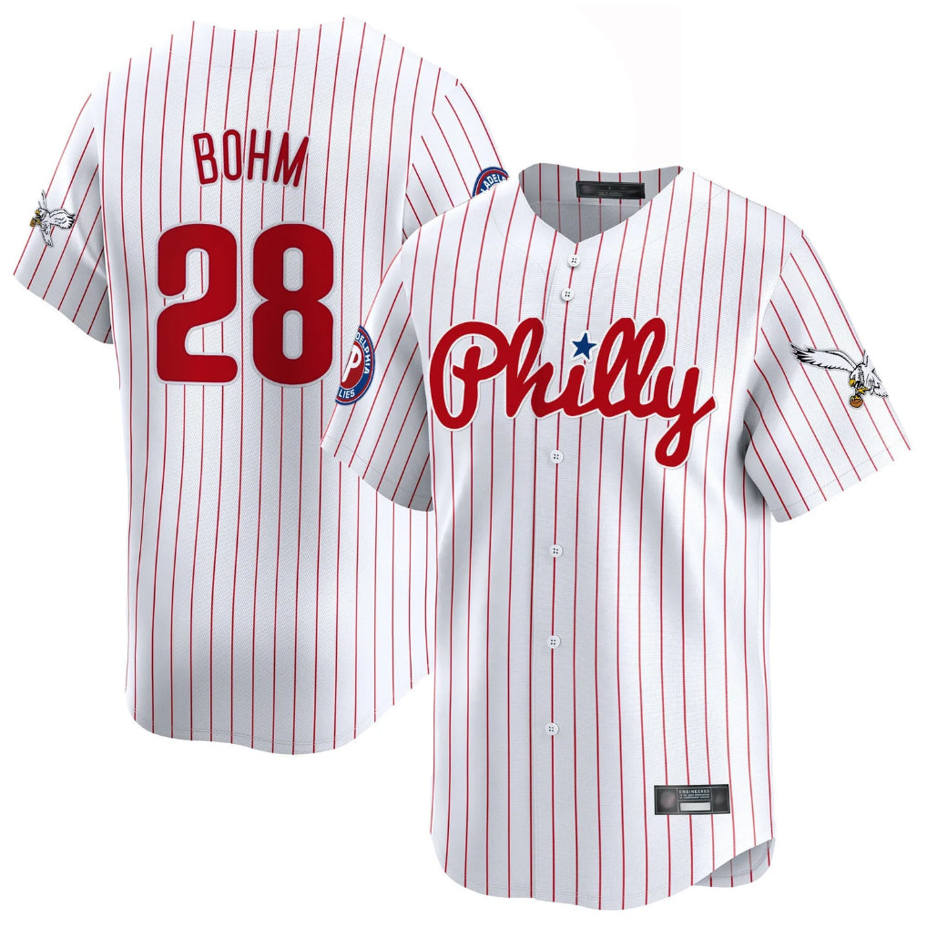 tocy P.Phillies #28 Alec Bohm Player White Pinstripe Phillies & Eagles Vapor Premier Limited Stitched Jerseys