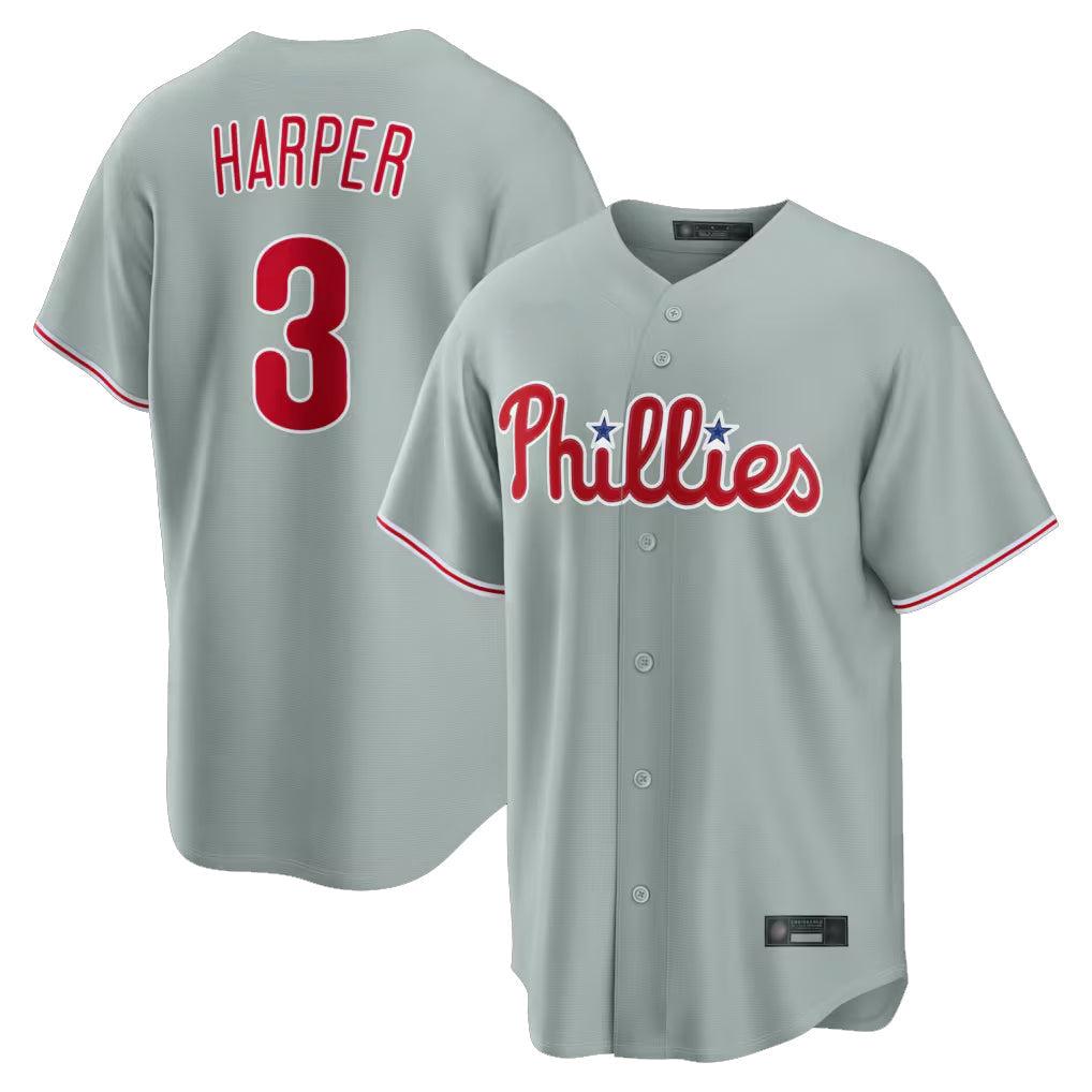 tocy P.Phillies #3 Bryce Harper Player Gray Home Game Stitched Jerseys