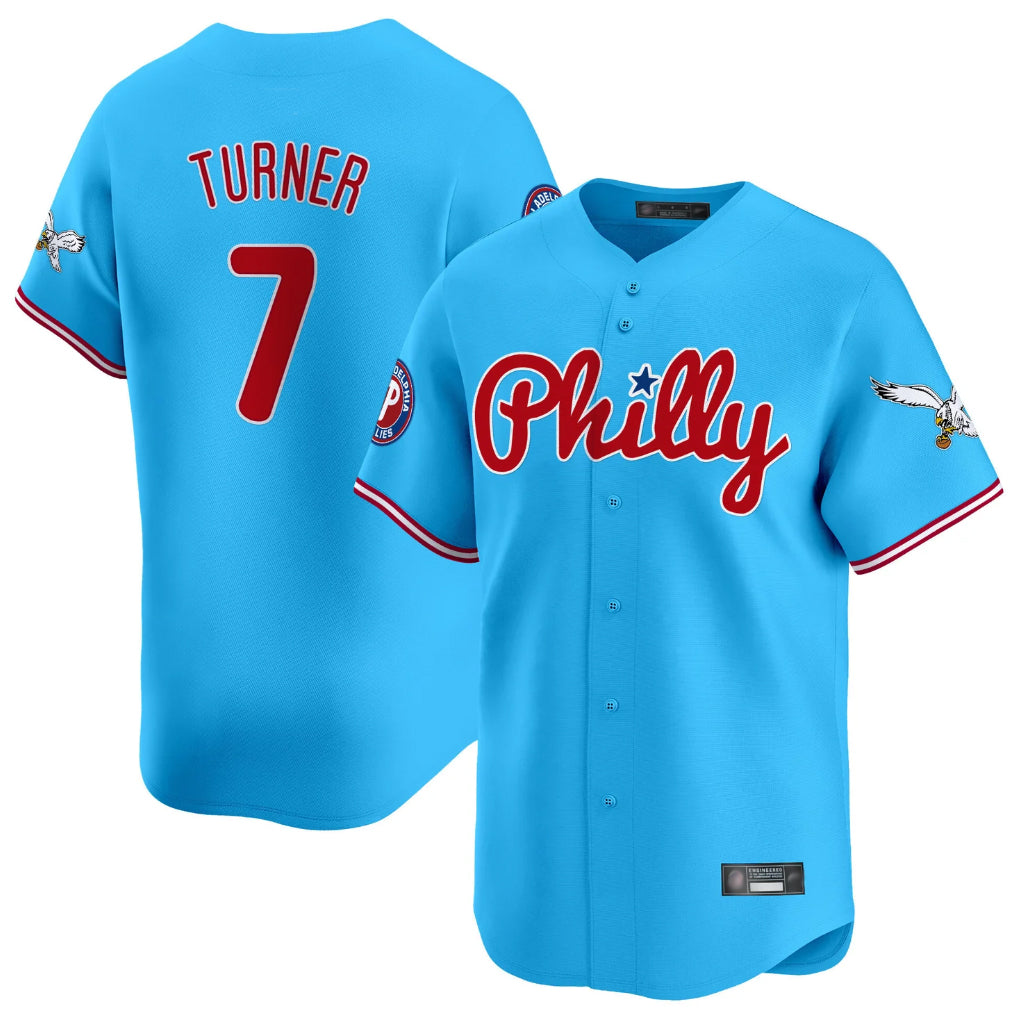 tocy P.Phillies #7 Trea Turner Player Light Blue Phillies & Eagles Vapor Premier Limited Stitched Jerseys
