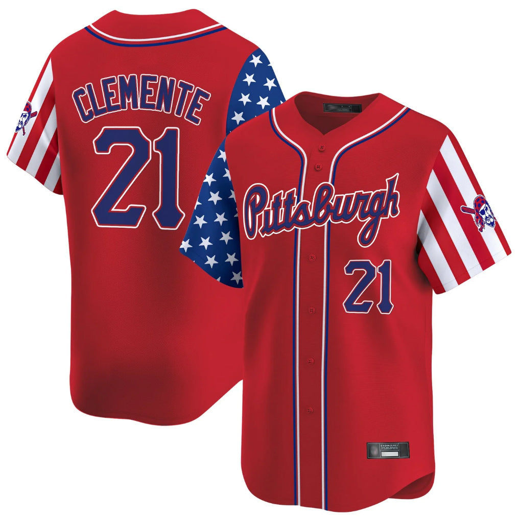 tocy P.Pirates #21 Roberto Clemente Player Red 2025 Independence Day Vapor Premier Limited Stitched Jerseys