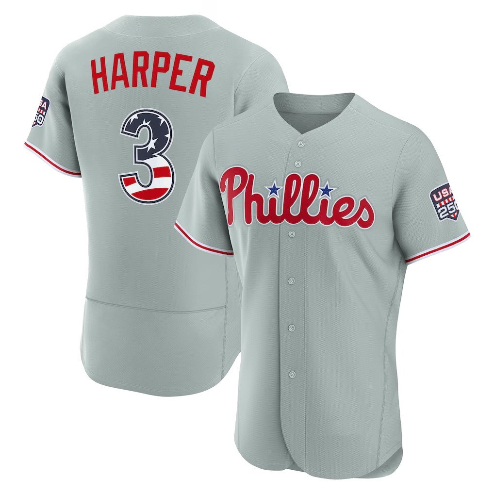 tocy PH.Phillies #3 Bryce Harper Gray USA 250 Fourth of July Road Authentic Jersey