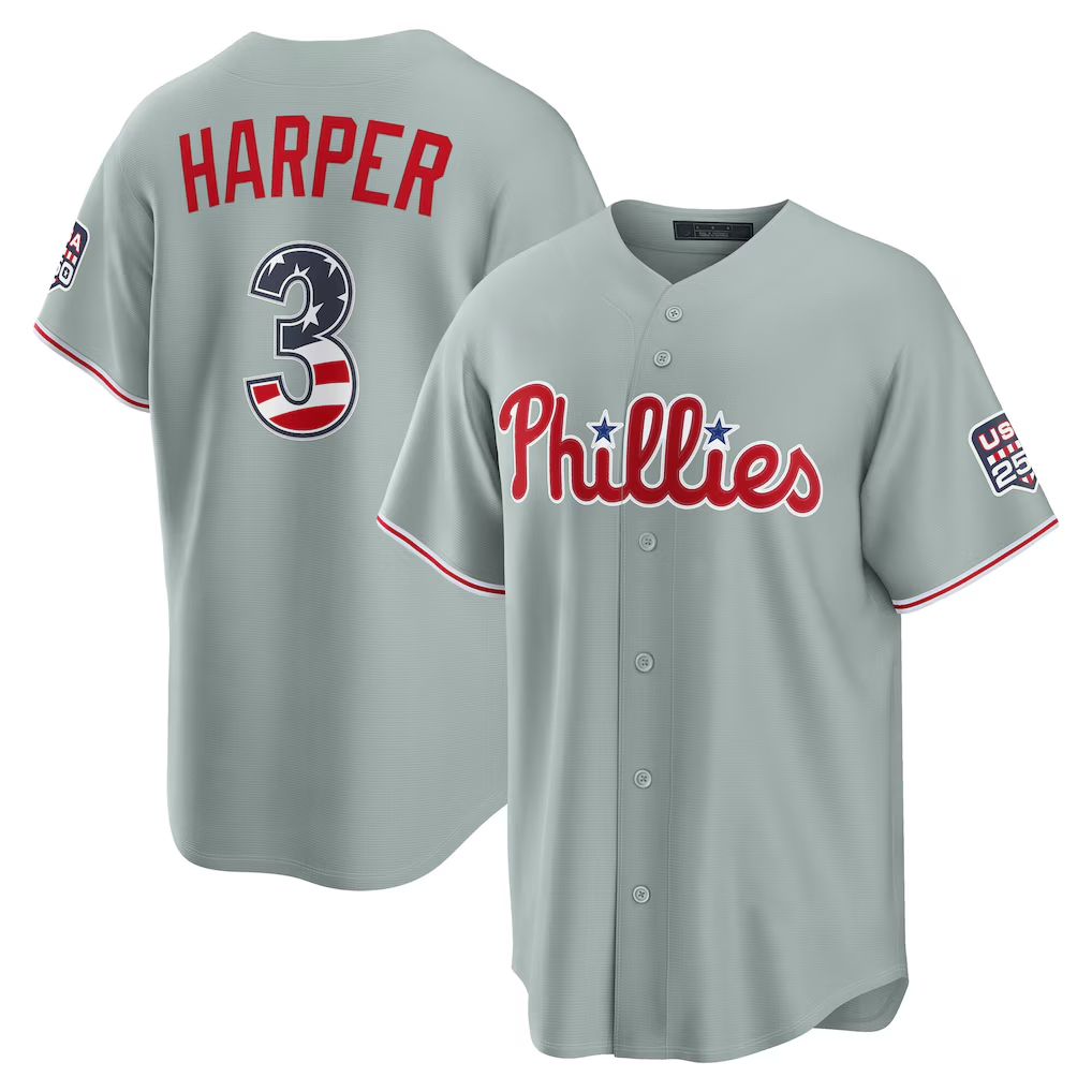 tocy PH.Phillies #3 Bryce Harper Gray USA 250 Fourth of July Road Stadium Jersey
