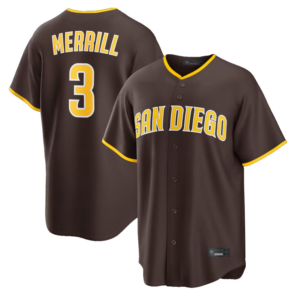 tocy S.Diego Padres #3 Jackson Merrill Player Brown Home Game Stitched Jerseys
