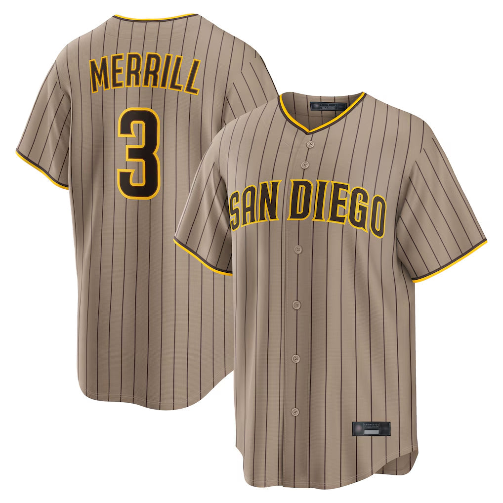 tocy S.Diego Padres #3 Jackson Merrill Player Khaki Home Game Stitched Jerseys