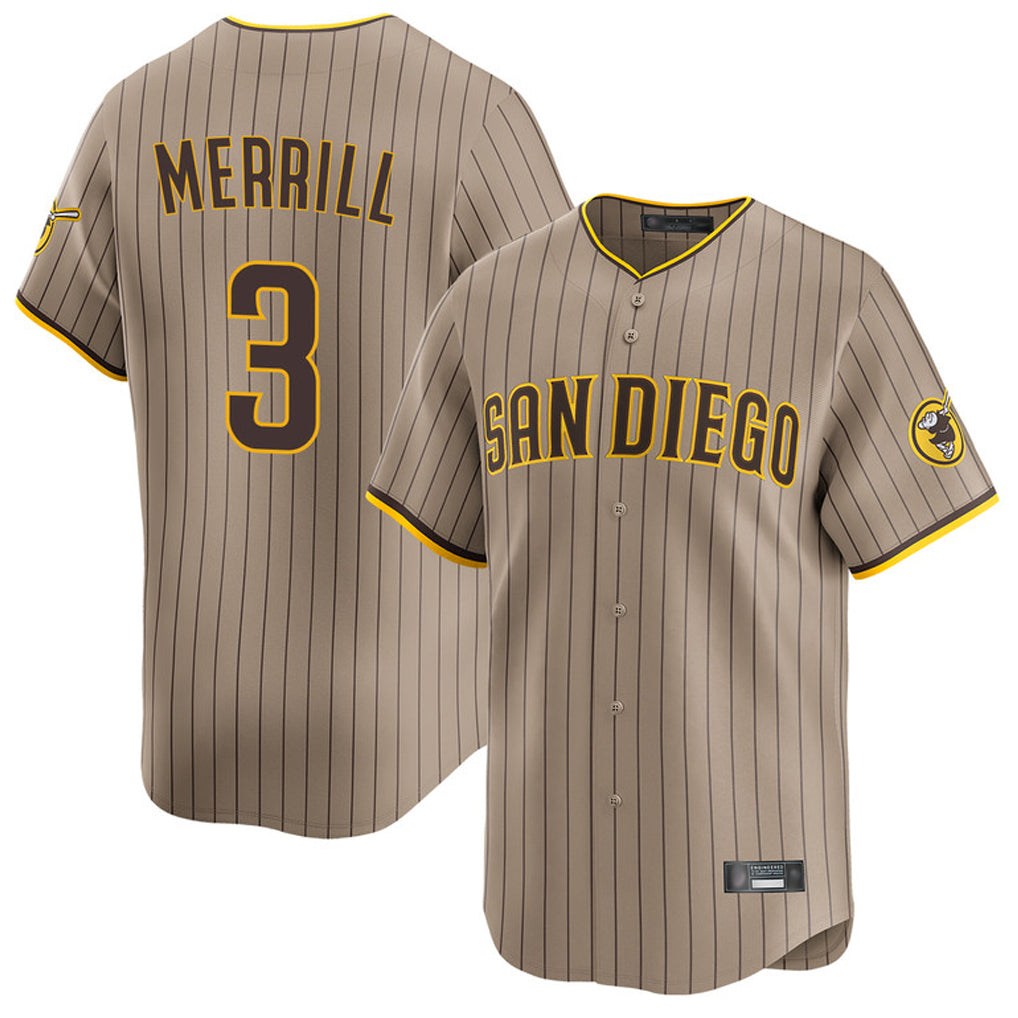 tocy S.Diego Padres #3 Jackson Merrill Player Khaki Home Limited Stitched Jerseys