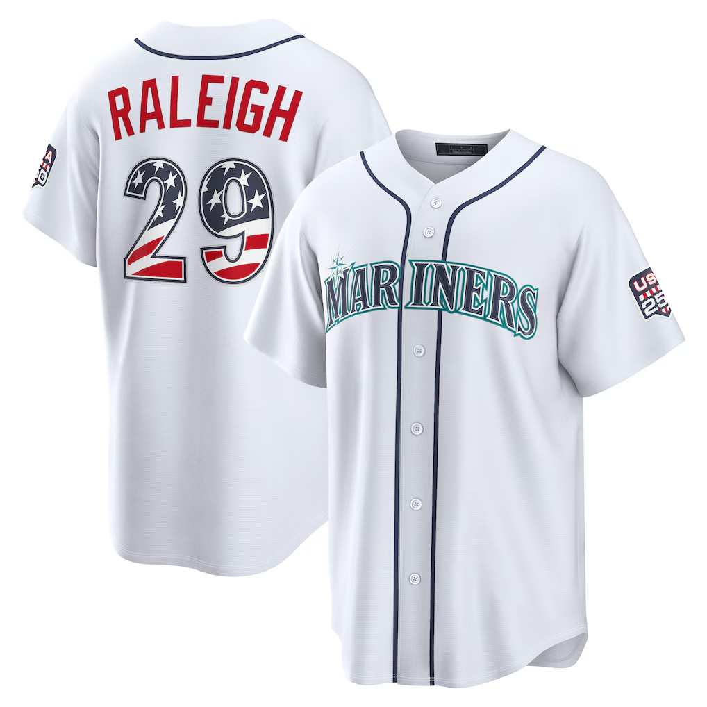 tocy S.Mariners #29 Cal Raleigh White USA 250 Fourth of July Home Stadium Jersey