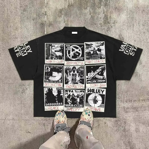 Cheap T-shirt Jerseys American Hip Hop Retro Theater Valley Division Harajuku Gothic War Print Summer New Retro Fashion Men and Women Streetwear