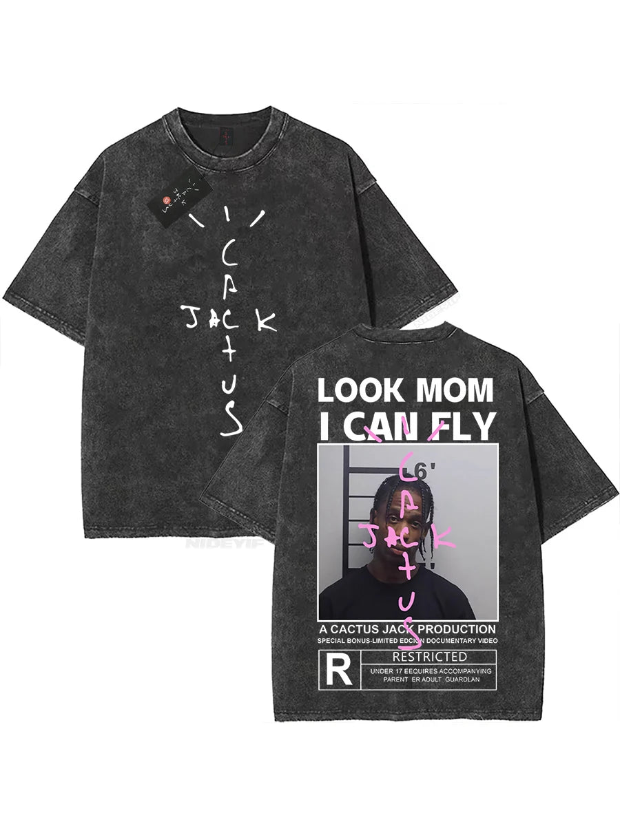 Cheap T-shirt Jerseys 100% Cotton Oversized T Shirt For Men Women HipHop Washed T Shirts cactus jack Short Sleeve Gift Tops look mom i can fly K39