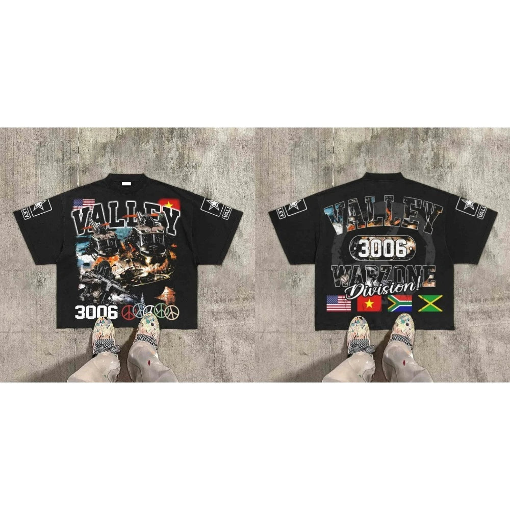 Cheap T-shirt Jerseys American Hip Hop Retro Theater Valley Division Harajuku Gothic War Print Summer New Retro Fashion Men and Women Streetwear