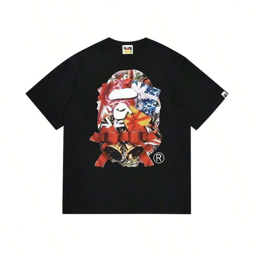 Cheap T-shirt Jerseys BAPE Christmas Ape Head Gift Box Graphic T-Shirt, Black Cotton Crew Neck Holiday Streetwear Tee
