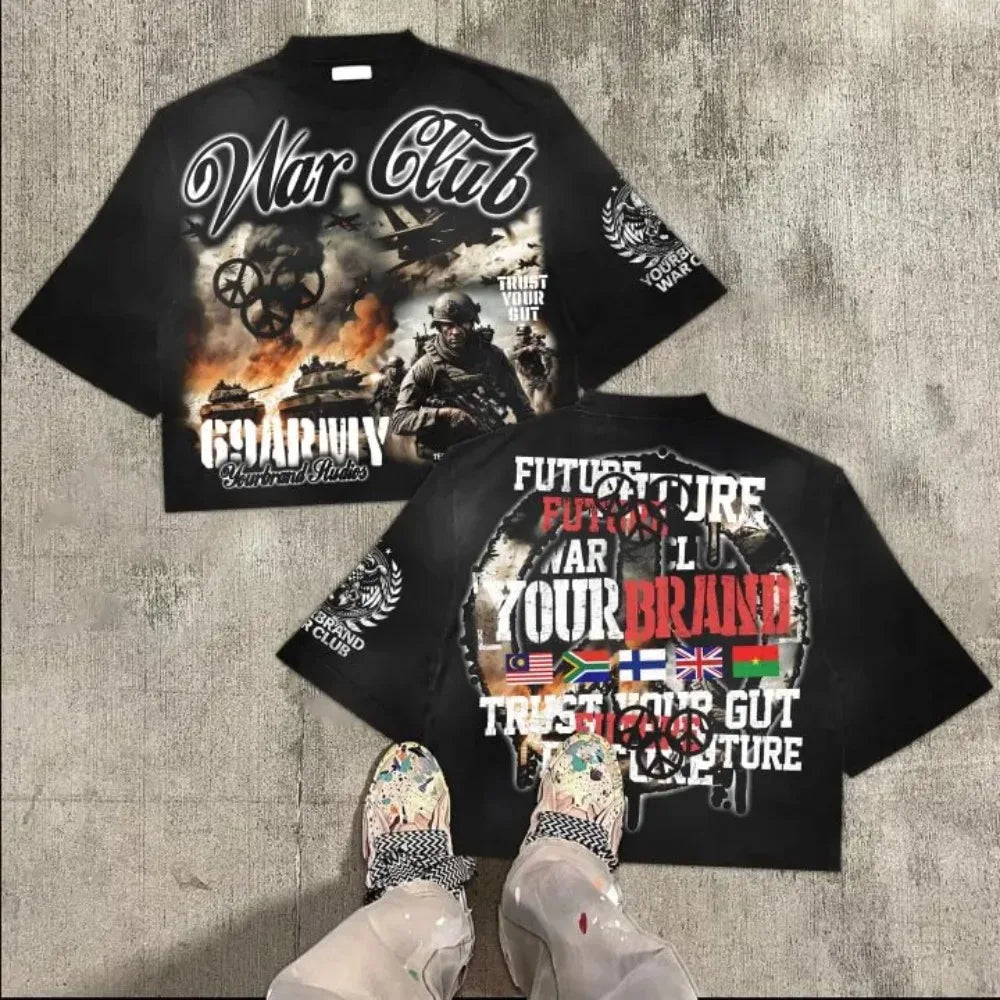 Cheap T-shirt Jerseys American Hip Hop Retro Theater Valley Division Harajuku Gothic War Print Summer New Retro Fashion Men and Women Streetwear