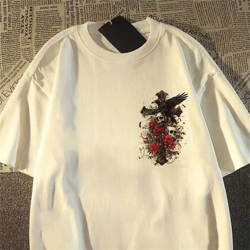 Cheap T-shirt Jerseys American Style Fashion Brand oversize Diablo Style Retro Subculture Skull Cross Short-sleeved T-shirt Men's Summer