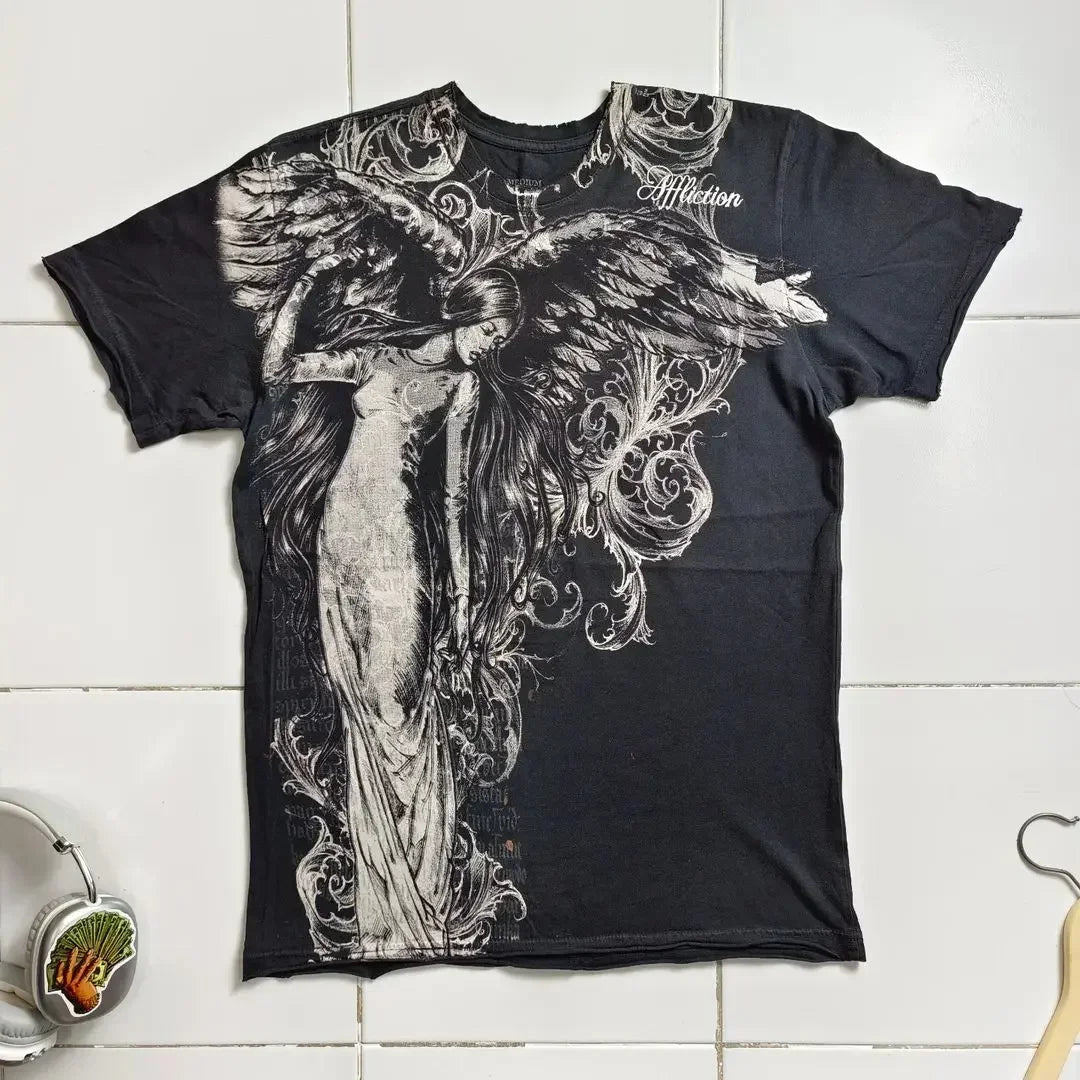 Cheap T-shirt Jerseys Y2K Affliction Graphic T Shirt Mens Large Grunge Wings New Fashion Style Couple Tops Pure Cotton Short Sleeves