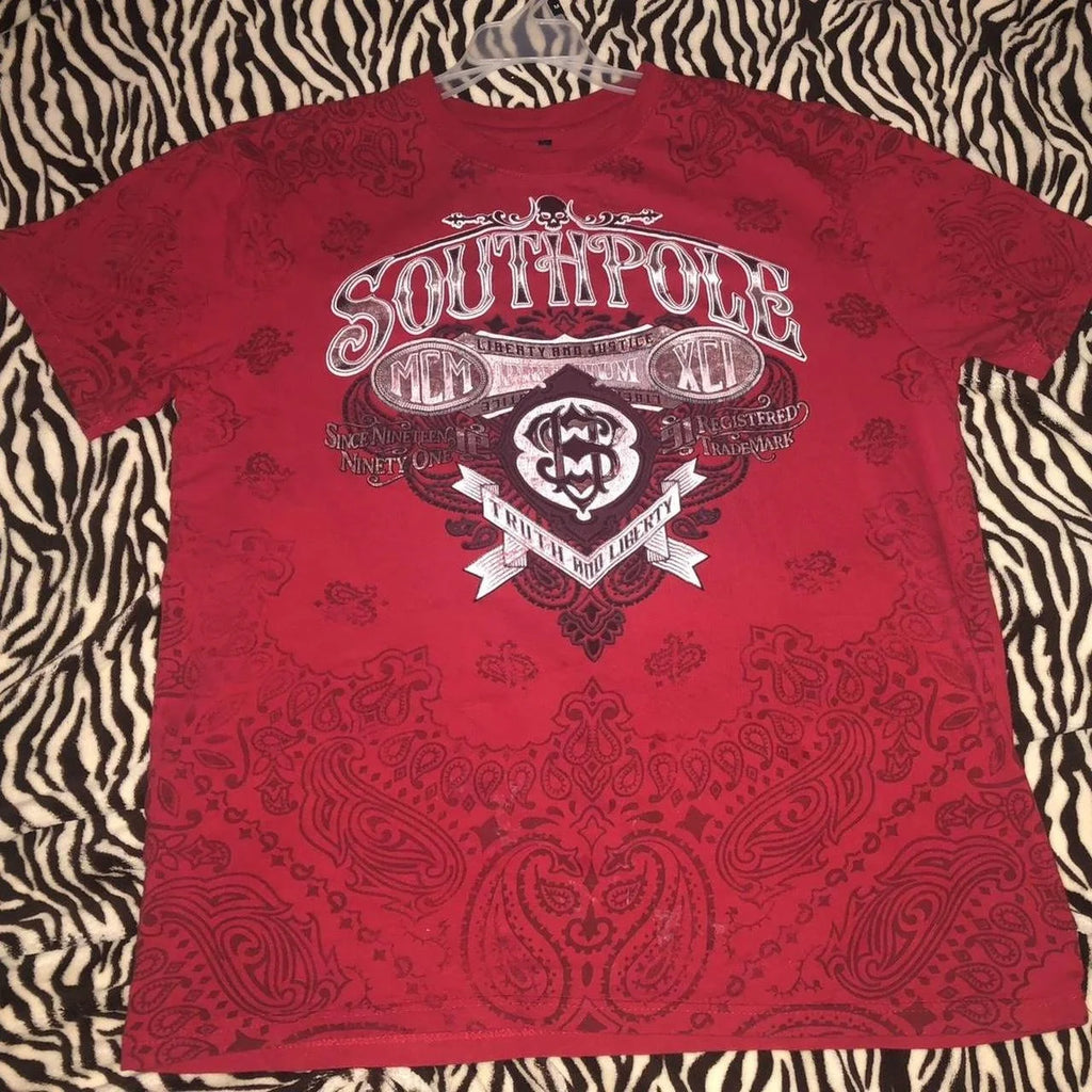 Cheap T-shirt Jerseys Red Southpole Graffiti T-Shirt Mens Urban Streetwear Art Bold Vintage Distressed Style Tops Hip-Hop American Women Casual Wear