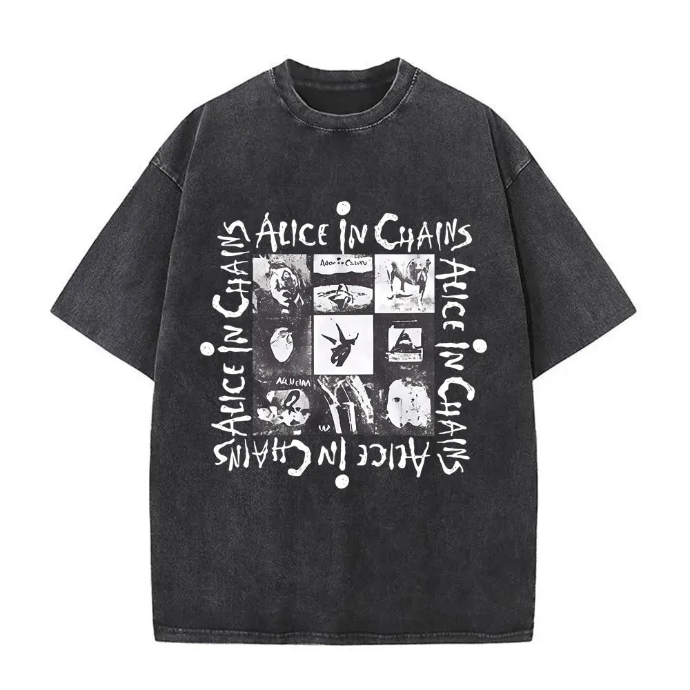 Cheap T-shirt Jerseys Washed Vintage Rock Band Alice in Chains Album Cover Graphic Print T-shirt Men's Women Gothic Punk Oversized Crewneck T Shirts