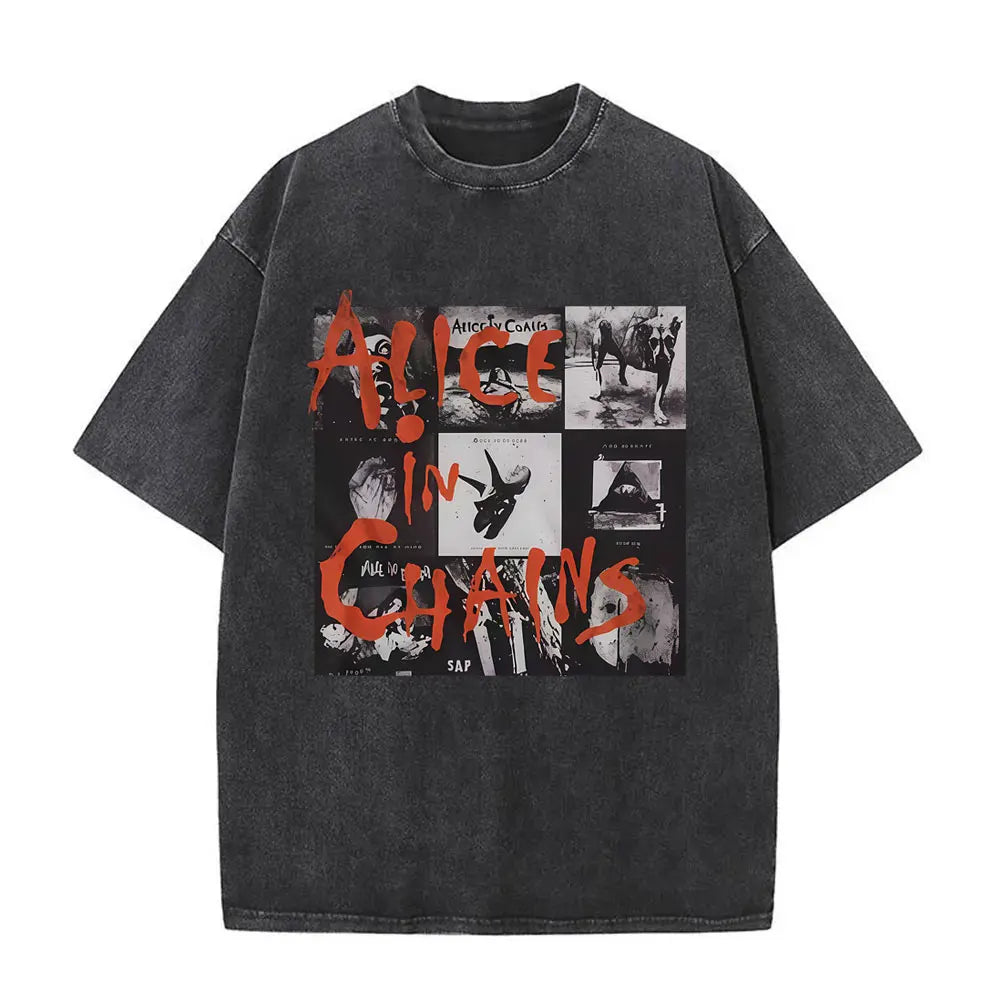 Cheap T-shirt Jerseys Washed Vintage Rock Band Alice in Chains Album Cover Graphic Print T-shirt Men's Women Gothic Punk Oversized Crewneck T Shirts