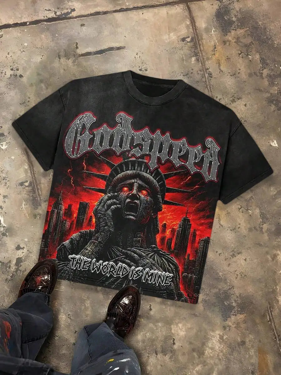 Cheap T-shirt Jerseys Godspeed The World Is Mine Apocalyptic Liberty Distressed Oversized Graphic Tee Men's Short Sleeve