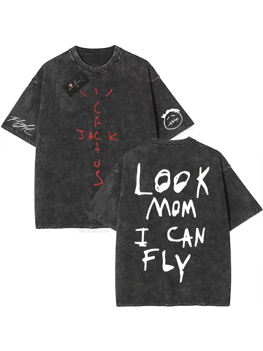 Cheap T-shirt Jerseys 100% Cotton Oversized T Shirt For Men Women HipHop Washed T Shirts cactus jack Short Sleeve Gift Tops look mom i can fly K39